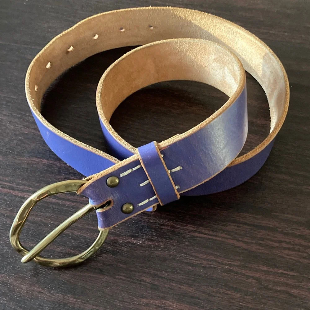 J Crew Periwinkle Leather Belt with Gold Buckle